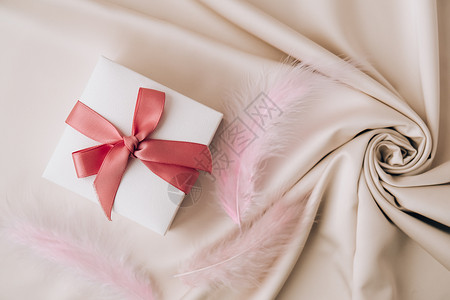 白丝绸竖纹白色的礼物盒 有粉色丝带 在白丝纹背景上 多彩的鸟羽毛 假日的概念 热情 假期背景