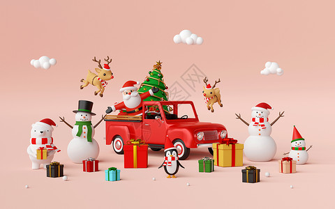 新年卡车圣诞快乐和新年快乐圣诞庆祝场景与圣诞老人和朋友 3d 渲染 信 卡片背景