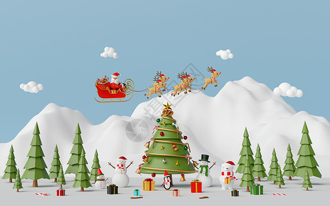 圣诞快乐和新年快乐圣诞庆祝场景与圣诞老人和朋友在雪山 3d 渲染背景图片