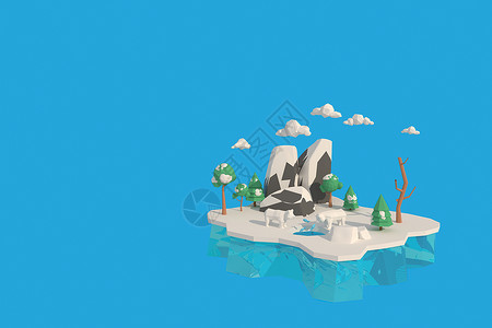 LowPoly3D 以图例解释者 熊在冬天 3d 渲染低多边形几何 Lowpoly 极简风格艺术背景