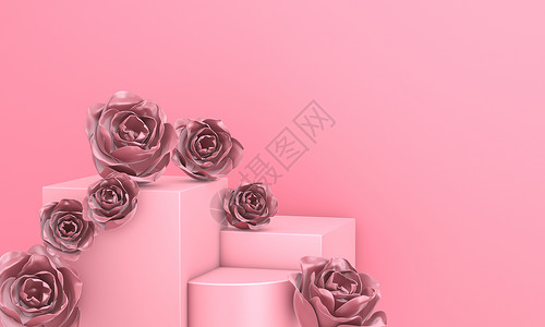 粉红色的样机与玫瑰花 场景 地面 展示 小样 站立背景图片