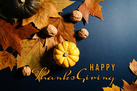 秋天问候语感恩节快乐 青蓝背景有木叶 坚果和南瓜 食物背景
