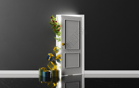 有圣诞树和礼物的门 偷看出来背景图片