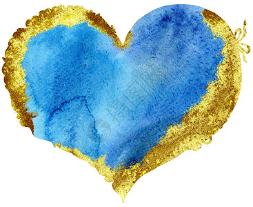 水彩蓝色心与金色描边背景图片