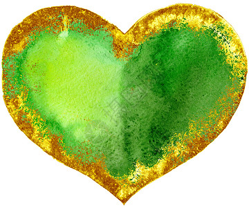 水彩质感的绿色心与金色描边 浪漫的 绘画 卡片 画背景图片