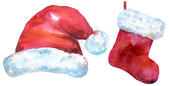 圣诞圣诞老人红色帽子和袜子为礼物水彩它制作图案 复古的 艺术背景图片