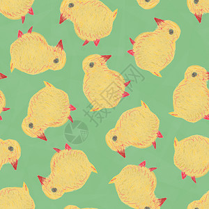 手绘母鸡手绘无缝模式与小黄鸡 纺织品 农场 夏天 艺术背景