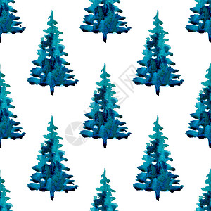 蓝色圣诞水彩松树无缝图案 手绘冷杉树背景或壁纸或圣诞 Gif 卡片 可爱的背景图片