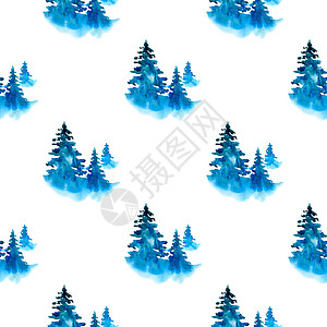 蓝色圣诞水彩松树无缝图案 手绘冷杉树背景或壁纸或圣诞 Gif 蓝色的 插图背景图片