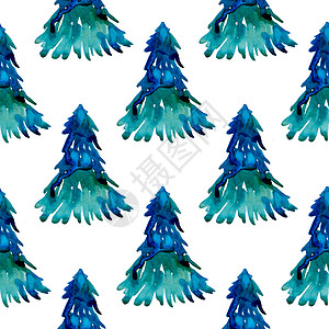 蓝色圣诞水彩松树无缝图案 手绘冷杉树背景或壁纸或圣诞 Gif 新年 冬天背景图片