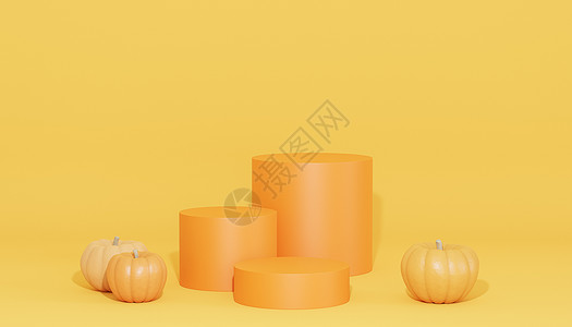 带南瓜的讲台或基座 用于秋季假期的产品展示或广告3d rende 销售 橙子背景图片