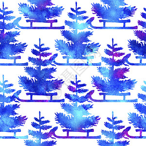 蓝色圣诞水彩画松树和雪橇无缝图案 手绘冷杉树背景或壁纸或圣诞 Gif 装饰品 自然背景图片