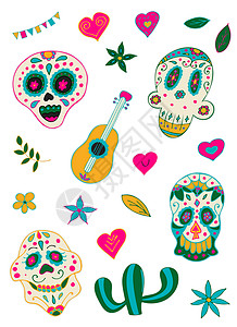 头骨贴纸死亡可打印的贴纸包日 带多彩墨西哥元素和花朵的糖浆 手 万圣节背景