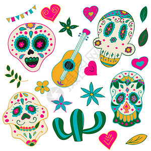 头骨贴纸死亡可打印的贴纸包日 带多彩墨西哥元素和花朵的糖浆 吉他 嘉年华背景