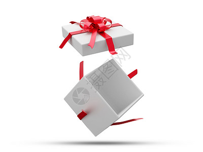 漂浮白色丝带白色礼物盒 红色带3D布置5在白色背景和剪切路径上背景