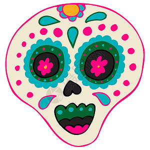 头骨剪贴画亡者日 穆尔托斯岛 糖浆和多彩墨西哥元素与花朵 绿色的 蓝色的背景