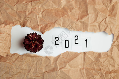 2021 年新年 撕破的牛皮纸上的文字和松果背景图片