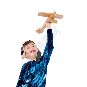 小男孩用木制飞机 云 天空 想像力 游戏 幻想 飞行员背景图片