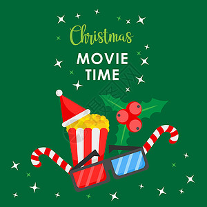 3d圣诞素材圣诞电影时间 配爆米花和3D眼镜的绿色卡通横幅背景