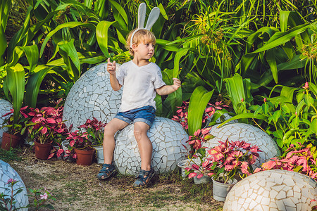 可爱的小男孩 长着兔耳朵 在户外玩传统的复活节彩蛋 庆祝复活节假期 蹒跚学步的发现 五颜六色的鸡蛋 自然 孩子背景图片