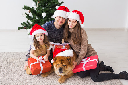 宠物 假期和节日概念 — 带狗的家人躺在圣诞树附近的地板上 老的快乐的高清图片素材