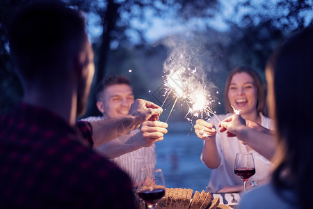 暑假期间在户外野餐晚宴的法国朋友聚会 快乐的高清图片