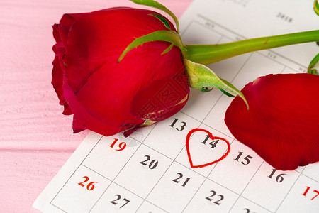 2月日历页 粉红色木制桌上有红玫瑰背景图片
