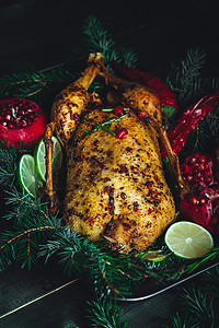 圣诞鸭 有石榴和石灰 环绕在瓜子枝旁 烧烤背景图片