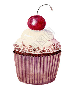 樱桃水彩手画奶油小蛋糕 上面有樱桃 白底上边没有樱桃背景