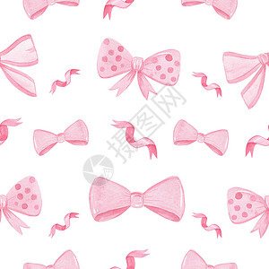 丝带手绘粉红色弓和丝带无缝结构 适合织物 纺织 包装纸 剪布 布局 婴儿淋浴背景
