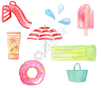 伞圈夏季晚会在白色背景上分离的手抽水彩画泳池用品和配件背景