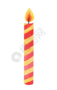 生日手绘素材红蜡烛 上面有白背景的黄条纹 在白本上隔离 作为生日派对装饰品背景