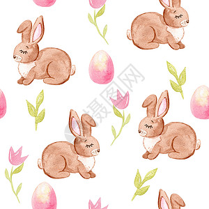 手绘水彩彩蛋和兔子水彩手抽取东方褐兔子 粉红鸡蛋和白色背景的鲜花无缝图案 可以用作邀请模板剪贴 壁纸 布页 印刷 纺织 包装纸背景