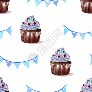 手绘蓝莓松饼白色背景上的水彩蓝色纸杯蛋糕无缝图案 可用作生日邀请模板 剪贴簿 墙纸 布局 织物 纺织品 包装纸背景