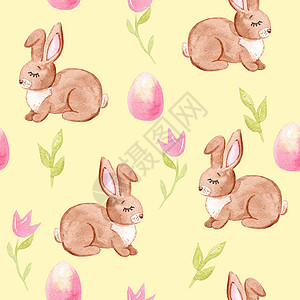 手绘水彩彩蛋和兔子水彩复活节棕色兔子和粉红色鸡蛋在黄色背景上的无缝图案 用于织物 纺织品 剪贴簿 包装纸 邀请函背景