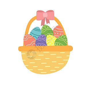 彩色手绘风格篮子中的复活节彩色鸡蛋 矢量插图 手画风格 东风 食物背景