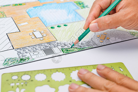 后院花园和池子设计计划别墅 园林设计 蓝图 园林绿化 池塘背景图片