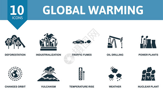 全球变暖集。创意图标：砍伐森林、工业化、交通废气、石油钻探、发电厂、轨道变化、火山活动、温度上升、天气、核电站图片