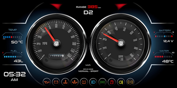汽车仪表板车速表、车头表、燃油和发动机温度数字 LED 指示器图片