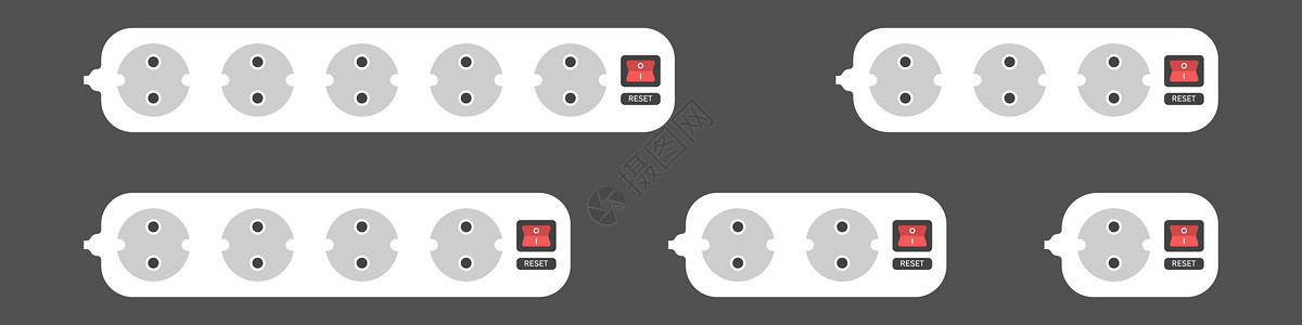 延长绳矢量图标集 多插口适配器 许多电器连接器 电子延长绳结扎电缆图标 白色延长绳背景图片