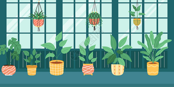 植物园, 带, 植物, 同时，, macrame, 悬挂, pots., 矢量, illustration.图片