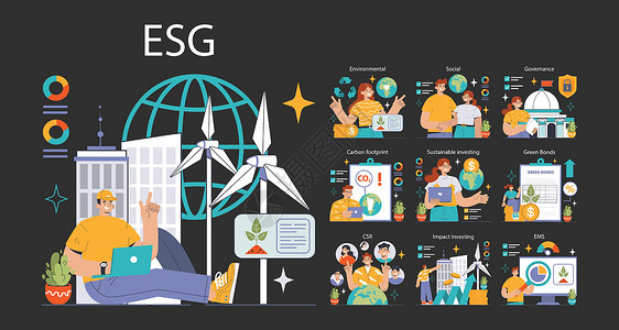 ESG 暗色或夜间模式设置。探索环境、社会、治理图片