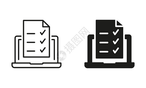 带有在线表格调查轮廓和线条图标集的笔记本电脑 在线考试 参加考试 问卷调查 设备屏幕上的核对表 在线教育和电子学习标志图片