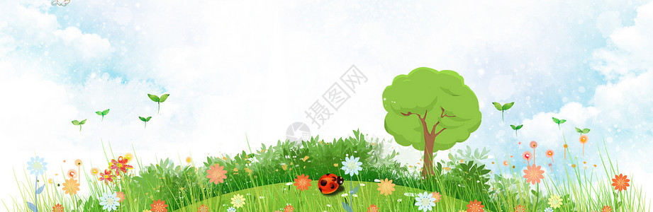 手绘植物三色堇卡通手绘草地天空设计图片