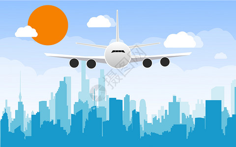 蓝色积木飞机城市旅行插画
