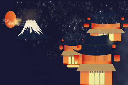日本温泉夜晚古风灯笼建筑插画