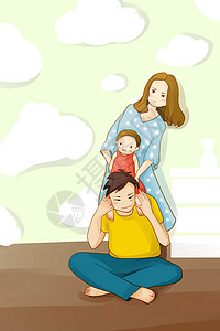 父亲骑车带孩子幸福的一家三口插画