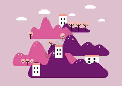 紫色浪漫卡通风景山房子背景图片