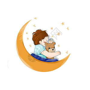 手绘弯月图片熟睡的宝贝插画