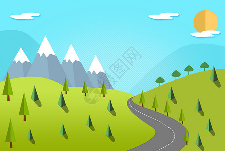 儿童单车山丘上的植物林插画